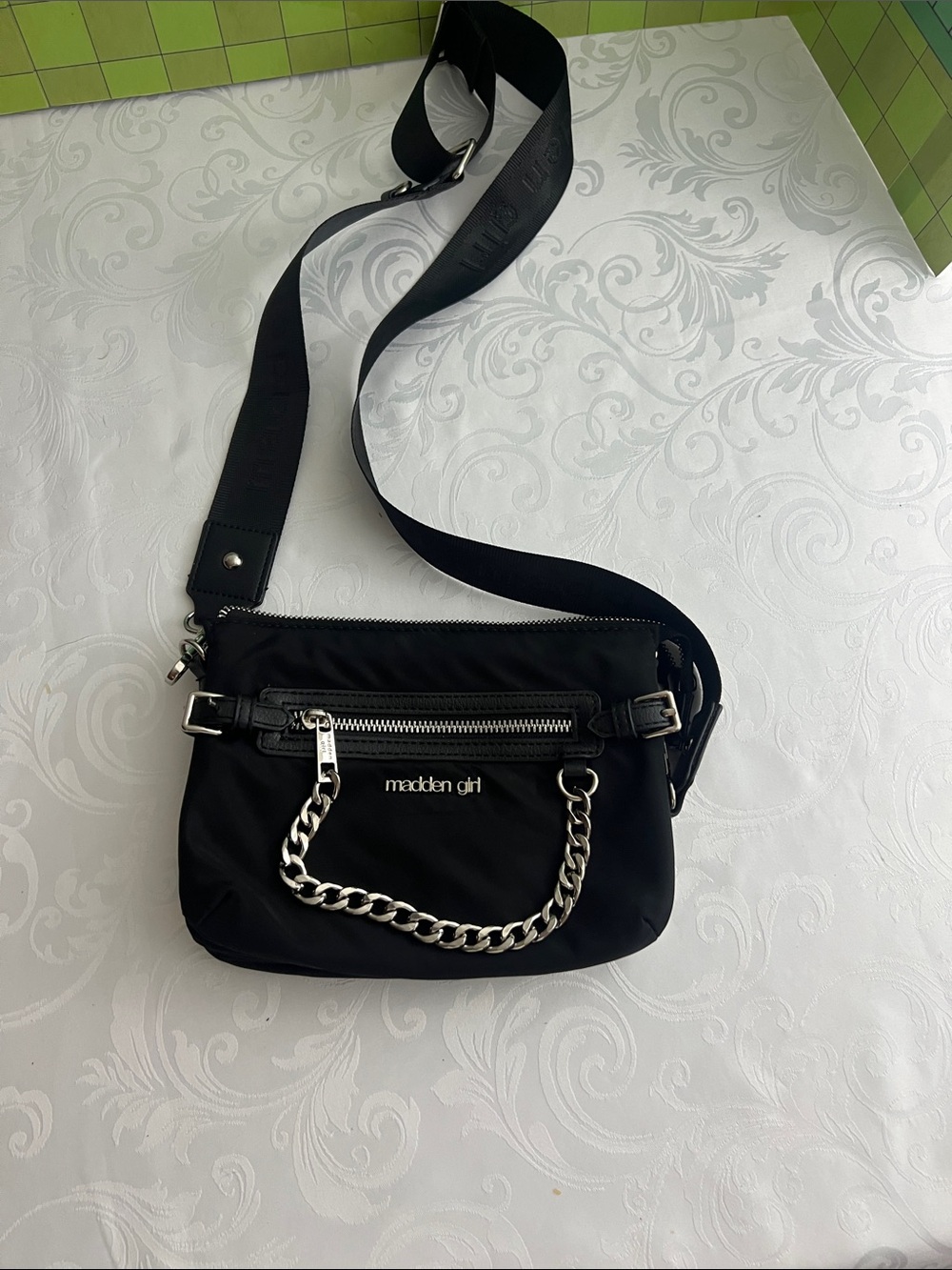 Madden Girl Black Nylon Crossbody with Silver Chain Accent